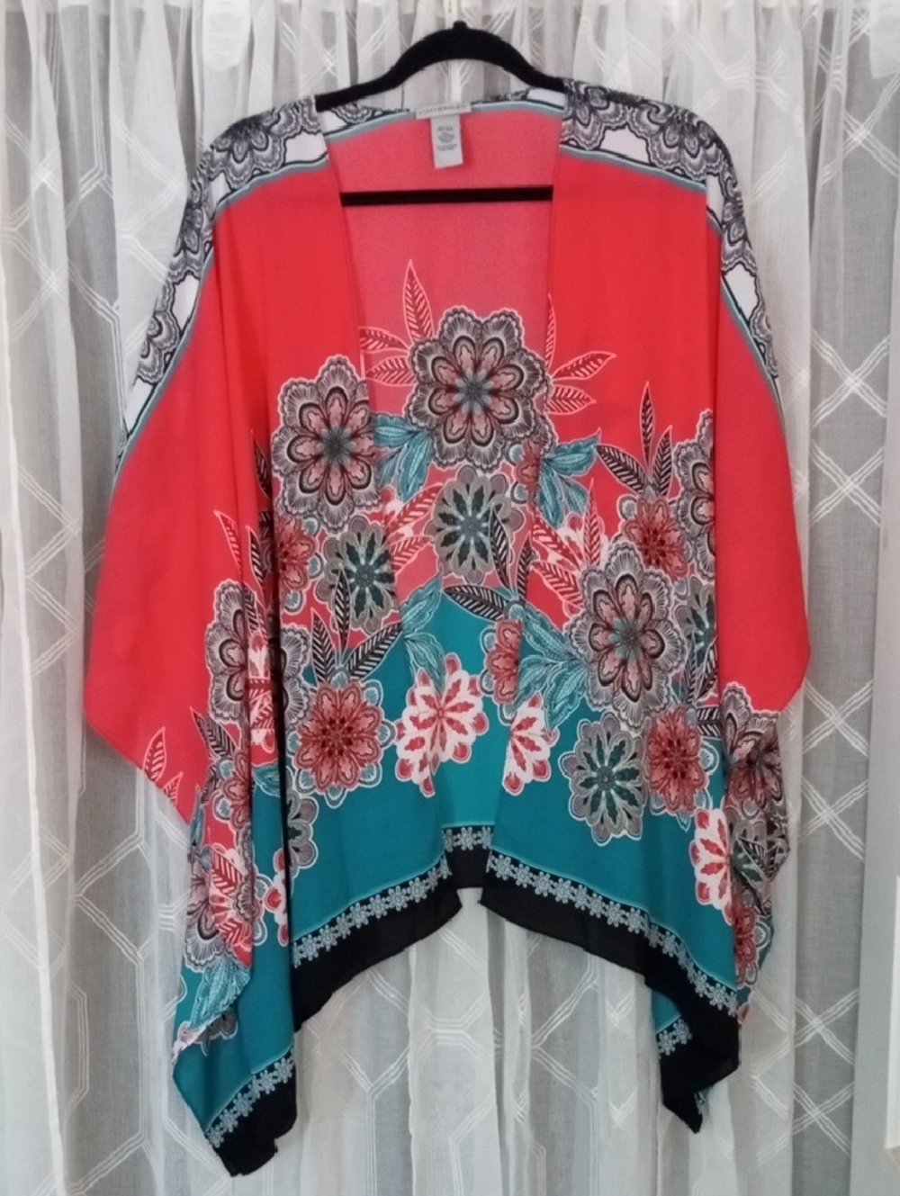 Catherines Coral and Teal Bold Floral Kimono 💠 Size 2W / 3W Great Beach Coverup
